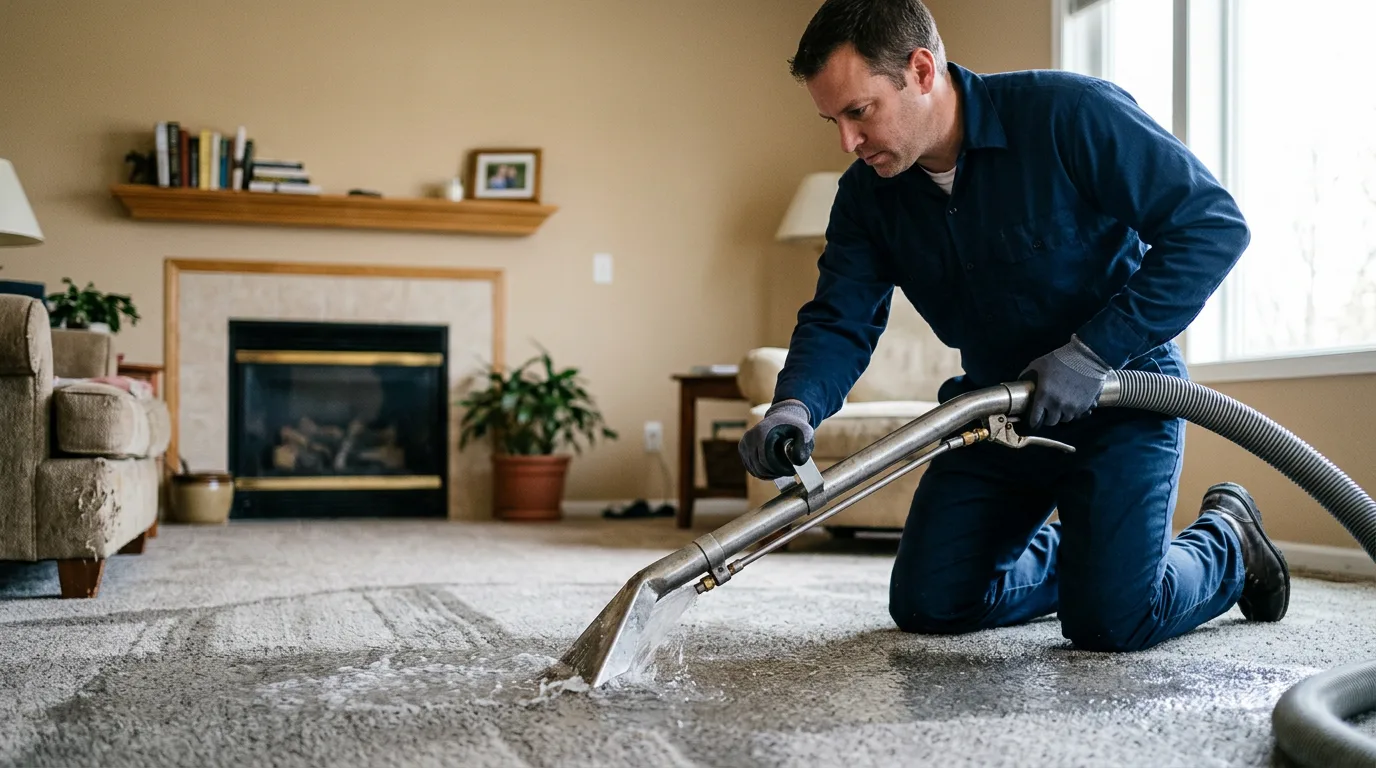 Water damage restoration technician working near De Leon, TX